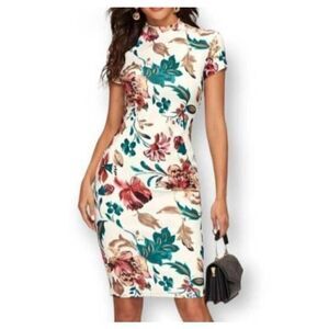 SHEIN WHITE, PINK, & GREEN FLORAL PRINT MOCK NECK BODYCON DRESS SZ.S EUC.